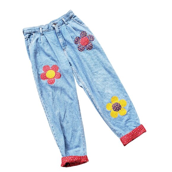 Vintage Hippy Lee Jeans Applique Patchwork 30W - Picture 2 of 11